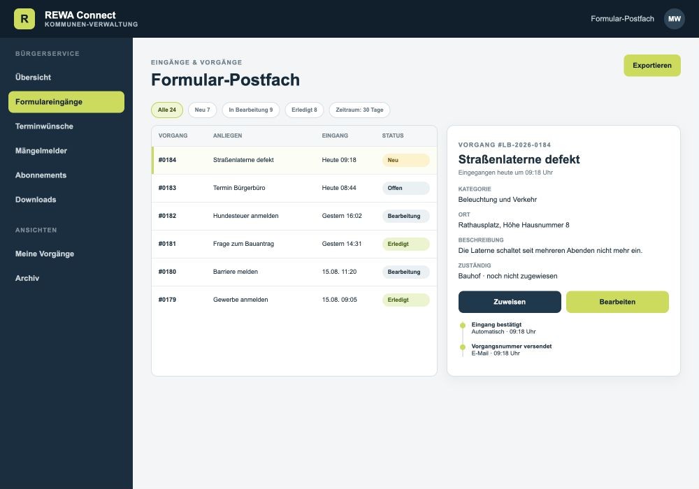 Kommunales Formular-Postfach mit offenen und bearbeiteten Vorgängen