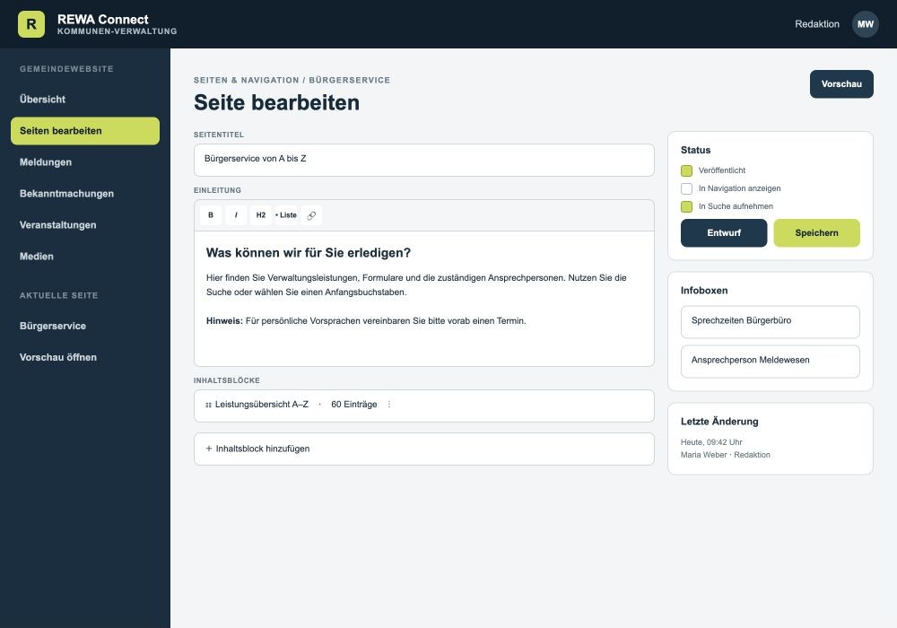 Kommunale Redaktionsansicht mit Texteditor, Inhaltsblöcken und Veröffentlichungsstatus