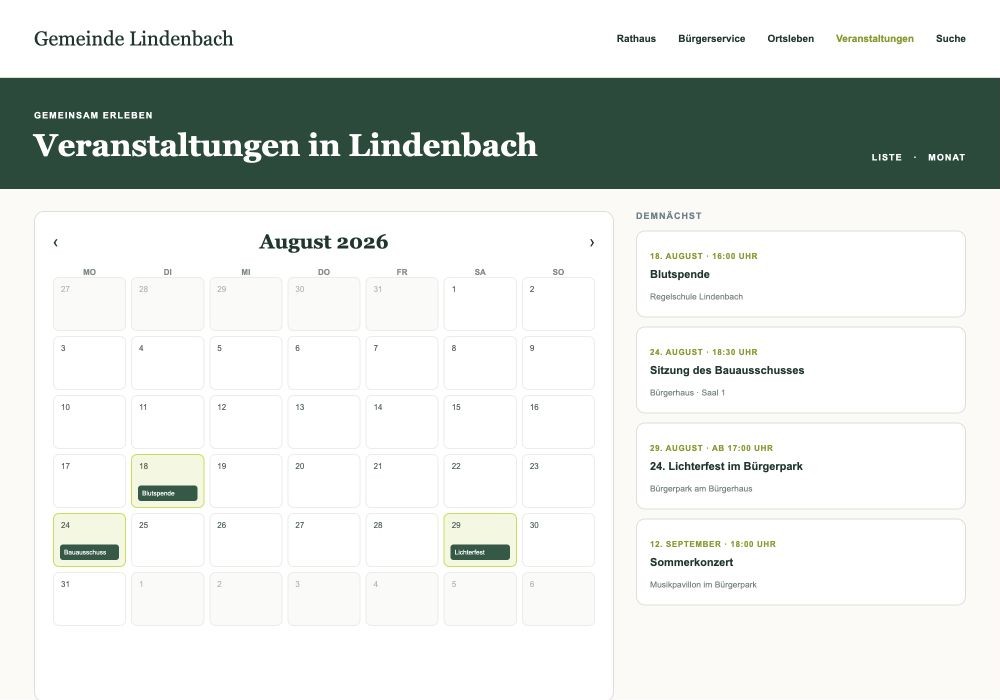 Kommunaler Veranstaltungskalender für August 2026 mit Monatsraster und kommenden Terminen