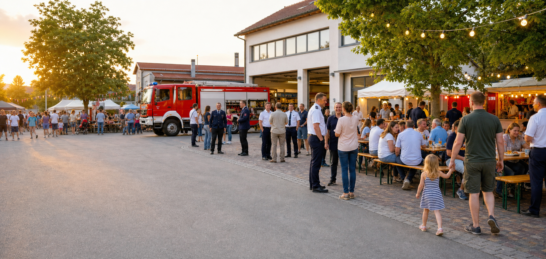 Gut besuchtes Vereinsfest vor einem Feuerwehrgerätehaus