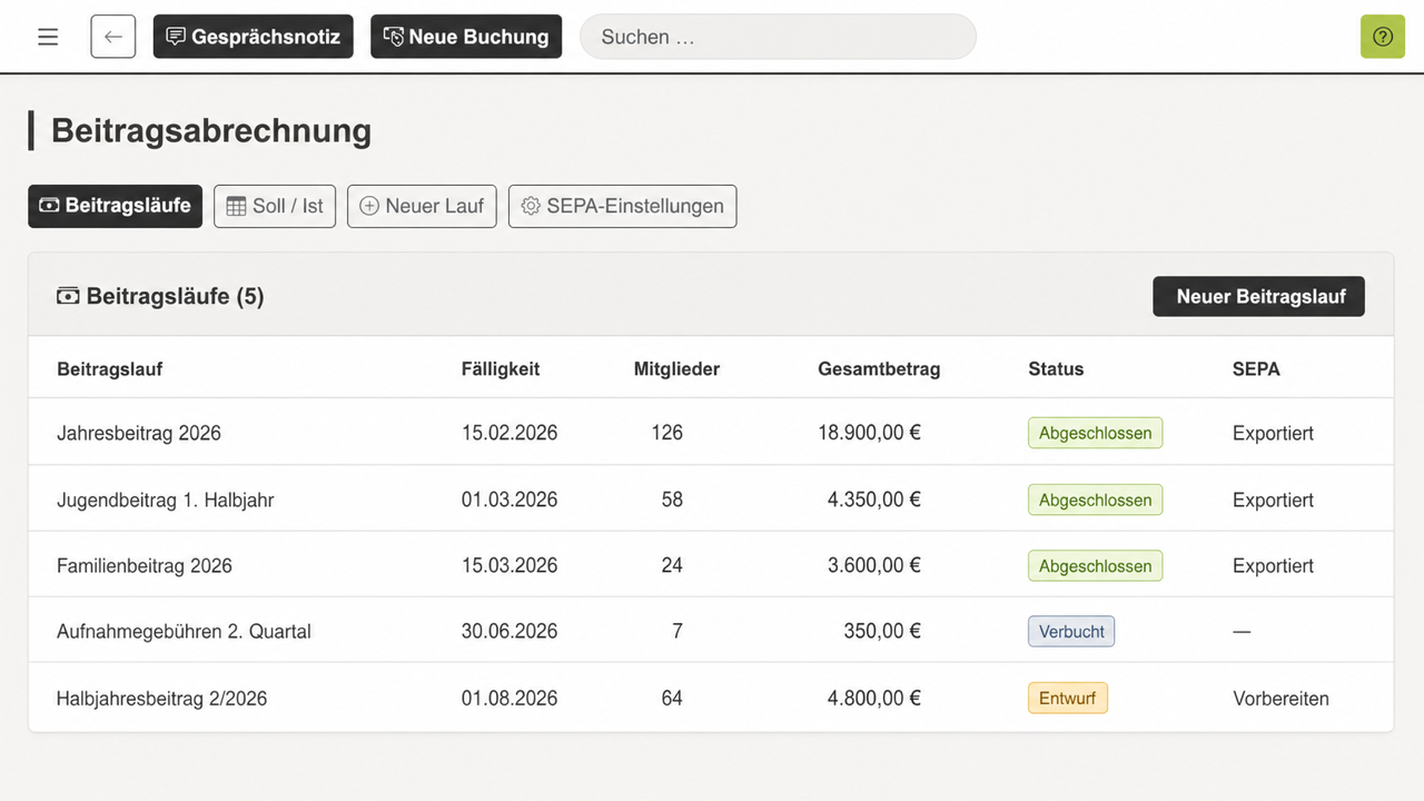 REWA Connect Beitragsabrechnung mit fünf neutralen Beispiel-Beitragsläufen und SEPA-Status
