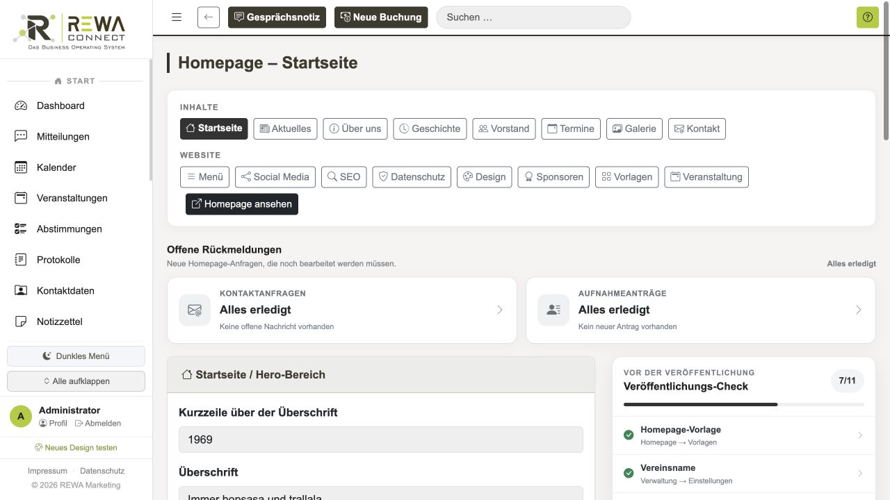 REWA Connect Verwaltung für Inhalte, SEO, Design und Veröffentlichung einer Vereinshomepage