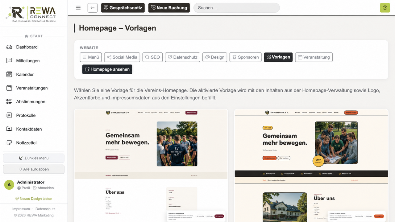 REWA Connect Verwaltung mit der Auswahl verschiedener Vereins-Homepagevorlagen