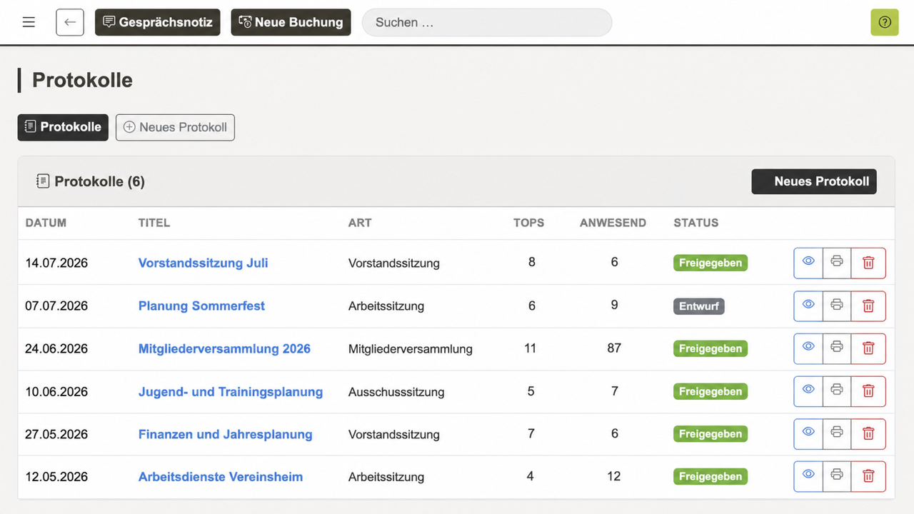 REWA Connect Protokollübersicht mit Sitzungsarten, Tagesordnungspunkten, Anwesenheit und neutralen Beispieldaten