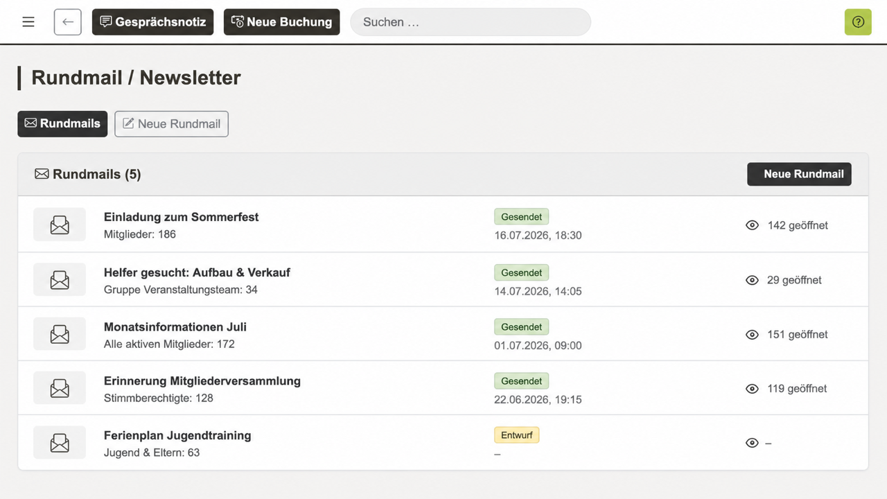 REWA Connect Rundmail-Übersicht mit Zielgruppen, Versandstatus und neutralen Beispieldaten