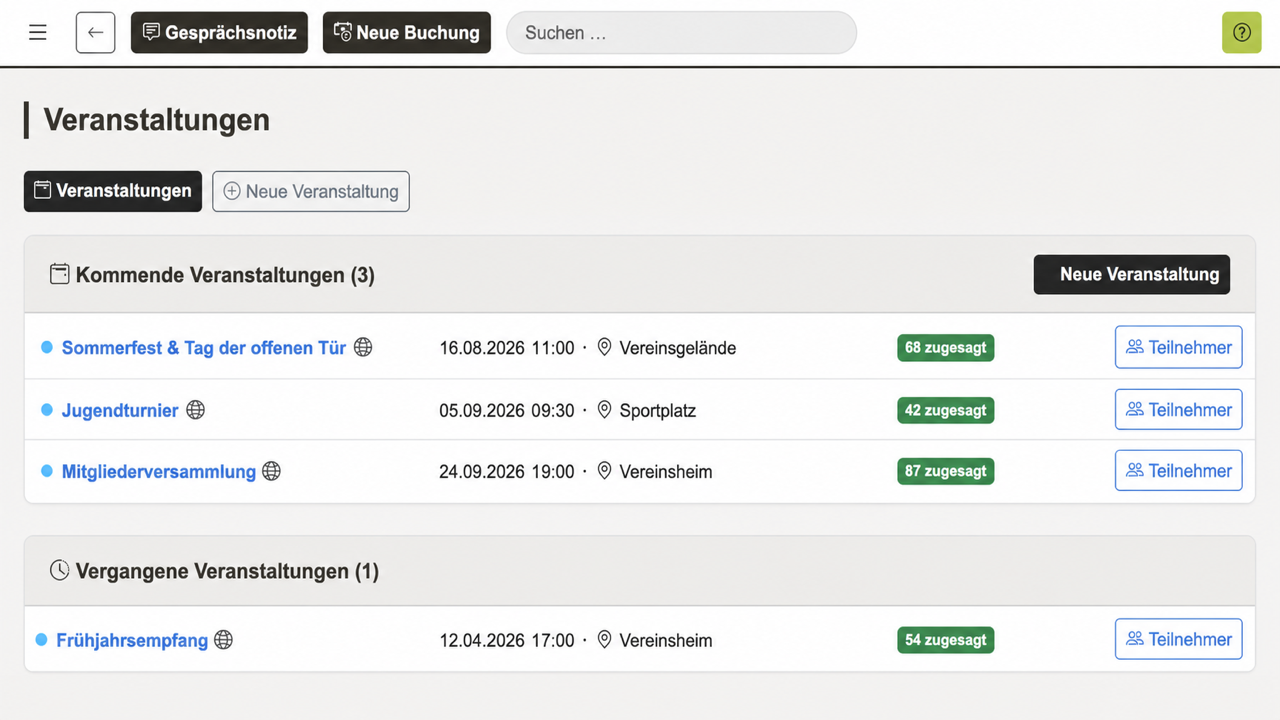 REWA Connect Veranstaltungsübersicht mit kommenden und vergangenen Terminen sowie neutralen Beispieldaten