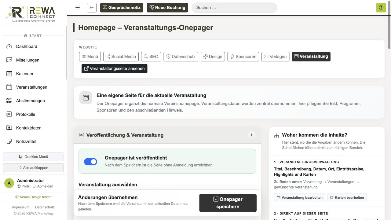 REWA Connect Verwaltung für einen veröffentlichten Veranstaltungs-Onepager