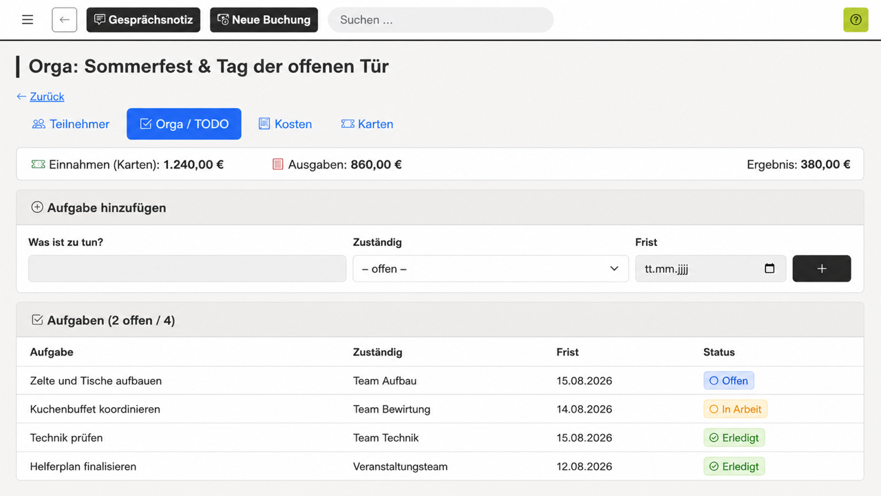 REWA Connect Aufgabenplanung für eine Vereinsveranstaltung mit Zuständigkeiten, Fristen und neutralen Teams
