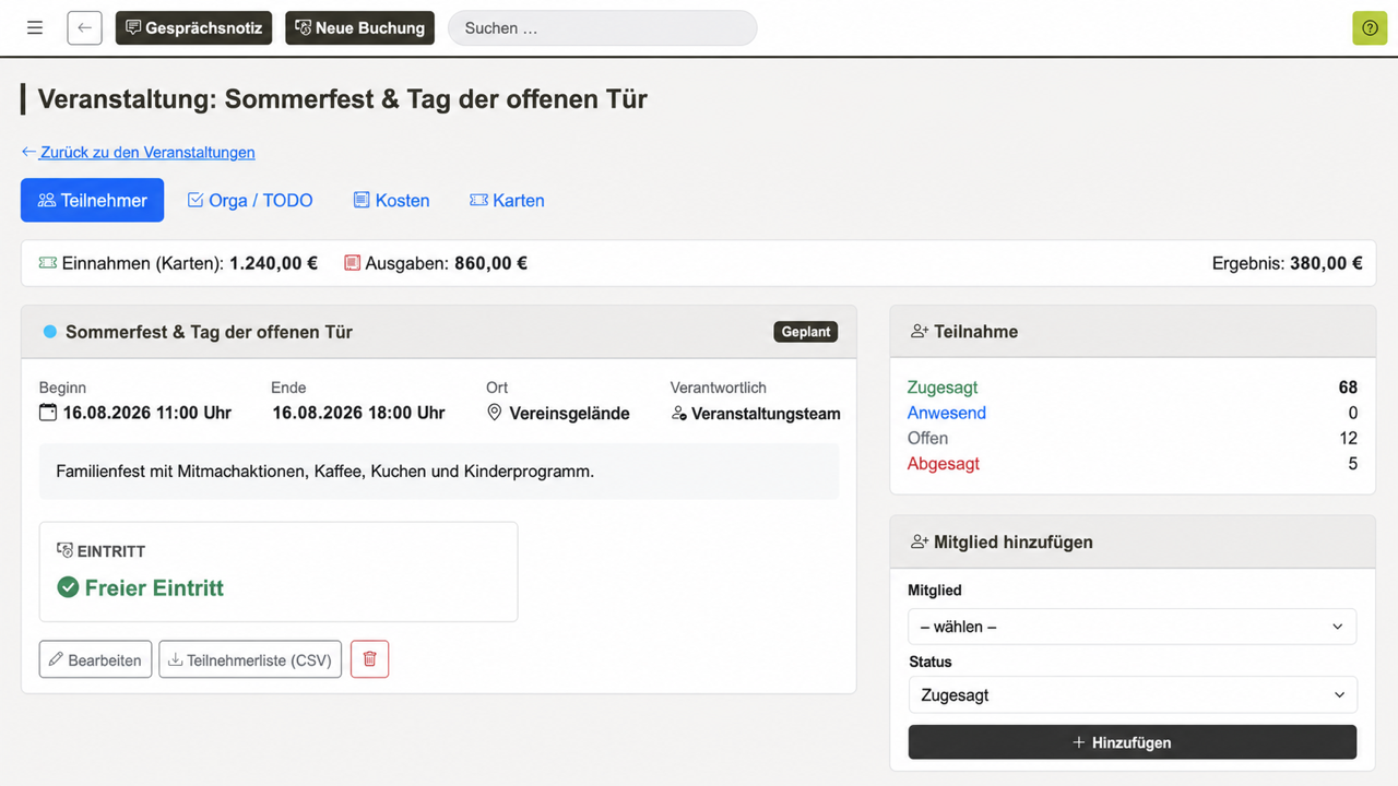 REWA Connect Veranstaltungsdetail mit Teilnehmerstatus, Grunddaten und Event-Bilanz anhand neutraler Beispieldaten